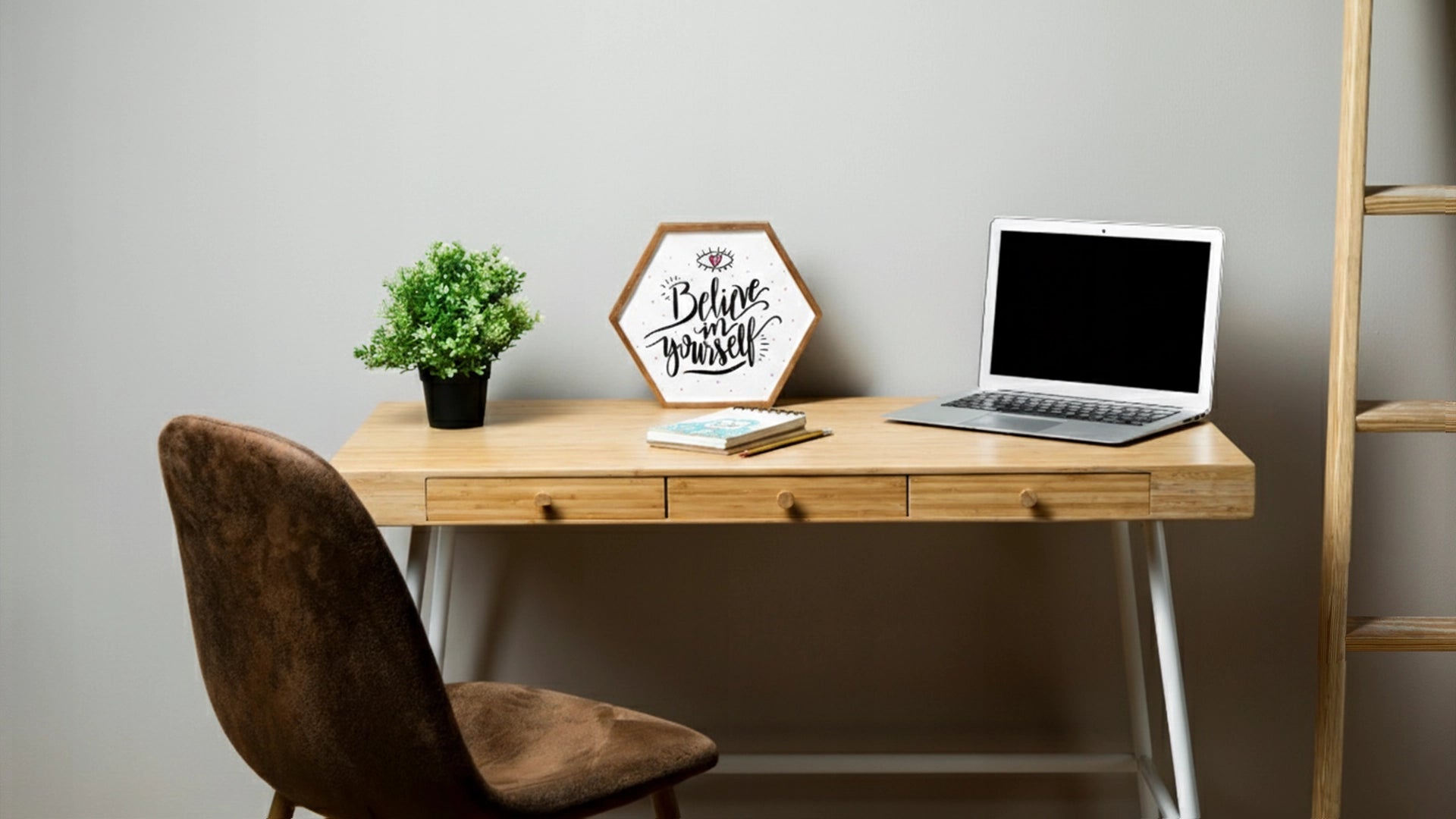 bulletin felt pin board acoustic office supplies desk with laptop and white wall